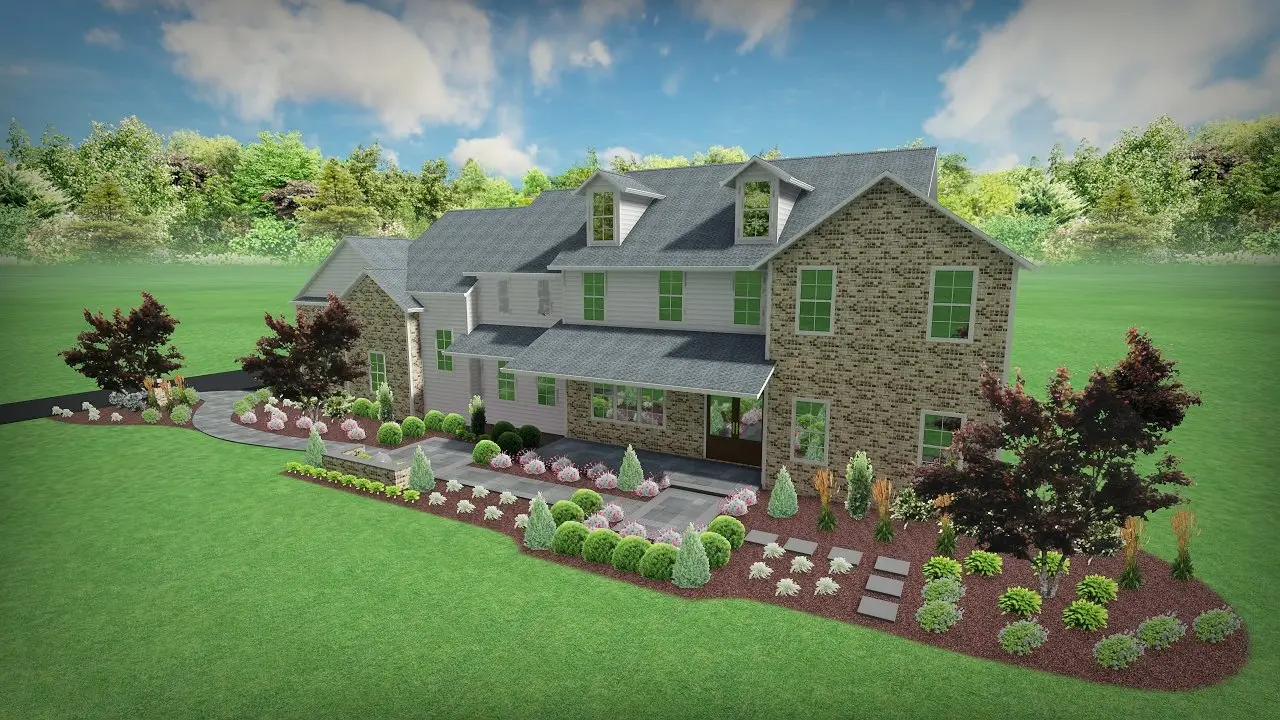3D landscape design rendering of a brick colonial with foundation plantings and a paver walkway