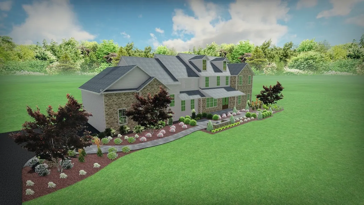 3D rendering of a colonial front-yard landscape with layered foundation plantings and Japanese maples