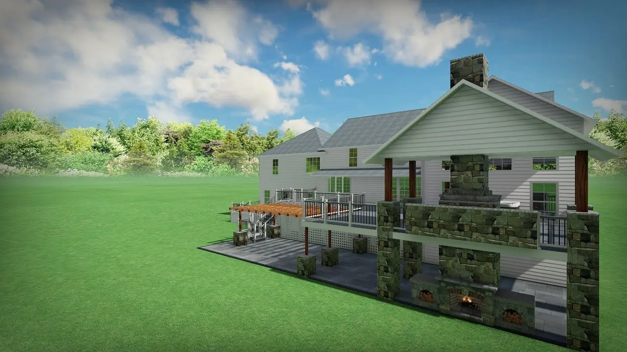 3D landscape design rendering of a backyard with a raised deck, pergola, and stone outdoor fireplace, West Chester, PA