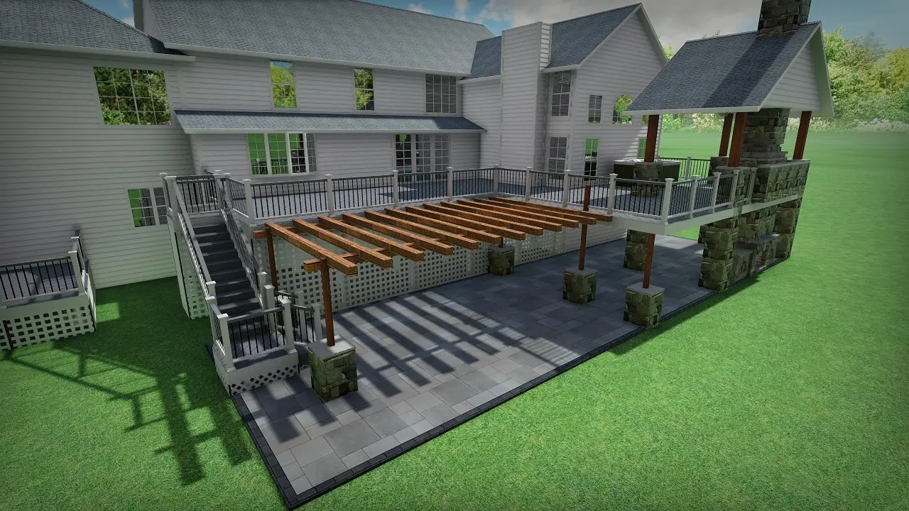 3D rendering of a backyard design with a deck, cedar pergola over a paver patio, and stone columns