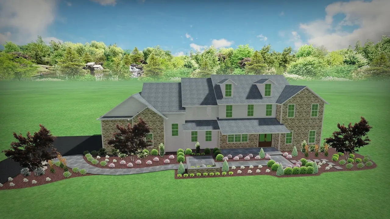 3D landscape design rendering of a stone colonial front yard with plantings, Japanese maples, and a fountain