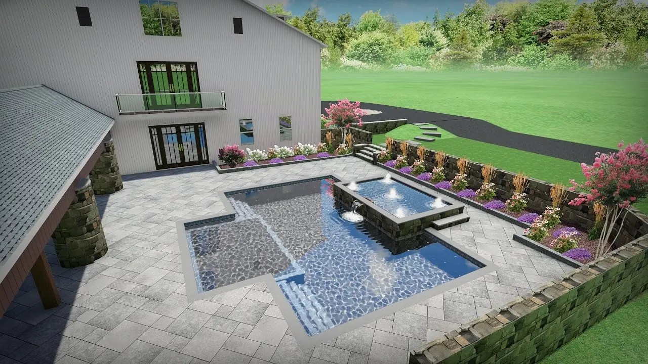 3D landscape design rendering of a geometric pool and raised spa with a spillway and covered pavilion