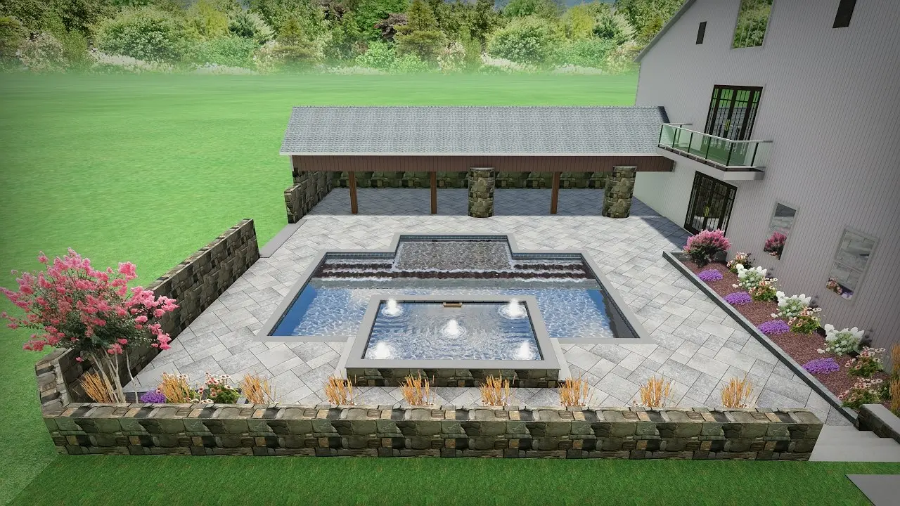 Aerial 3D rendering of a pool, raised spa, and covered pavilion with stone retaining walls and plantings