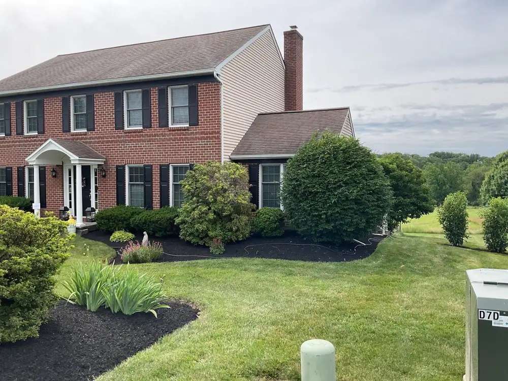 Brick colonial foundation bed with shrubs, grasses and purple liriope in fresh mulch